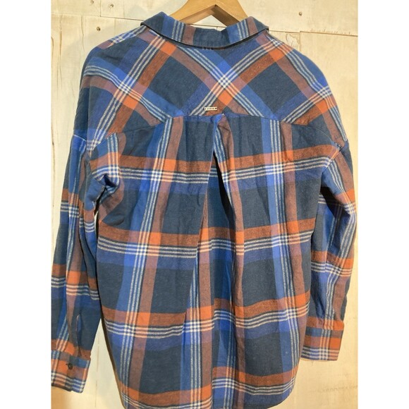 prAna Button Up Oversize Plaid Flannel Tunic Shirt Womens Small Blue Orange - Picture 9 of 9